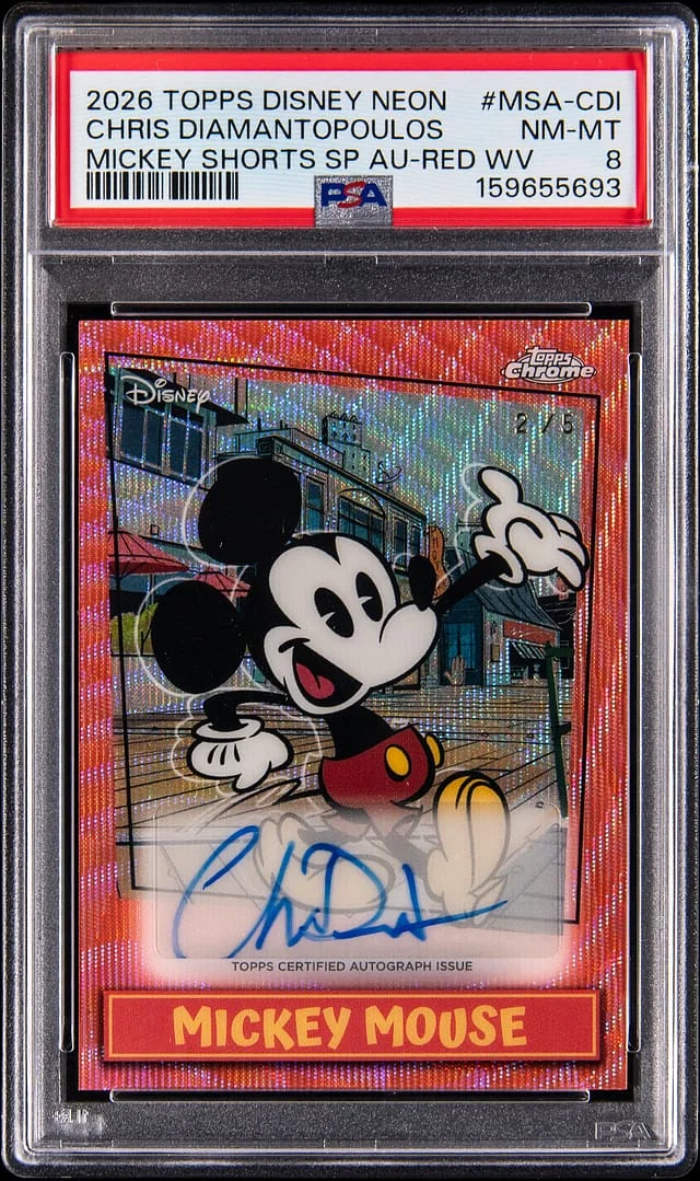 2026 Topps Chris Diamantopoulos Disney Neon Mickey Shorts SP Autographs Red Wave Refractor #MSA-CDI card image