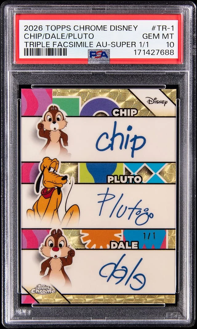 2026 Topps Chrome Chip/Pluto/Dale Disney Triple Facsimilie Autograph SuperFractor #TR-1 card image