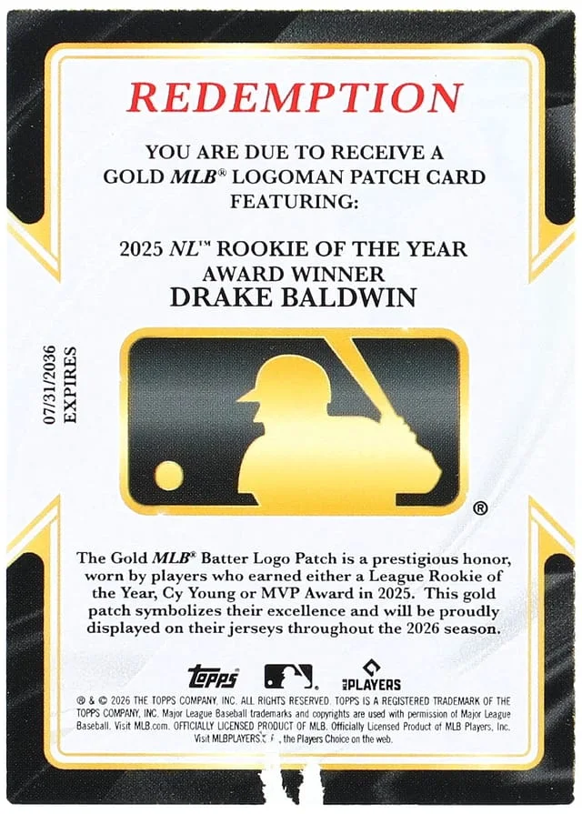 2026 Topps Chrome Drake Baldwin Logoman Gold MLB Logoman Relic #GOLD-DB card image