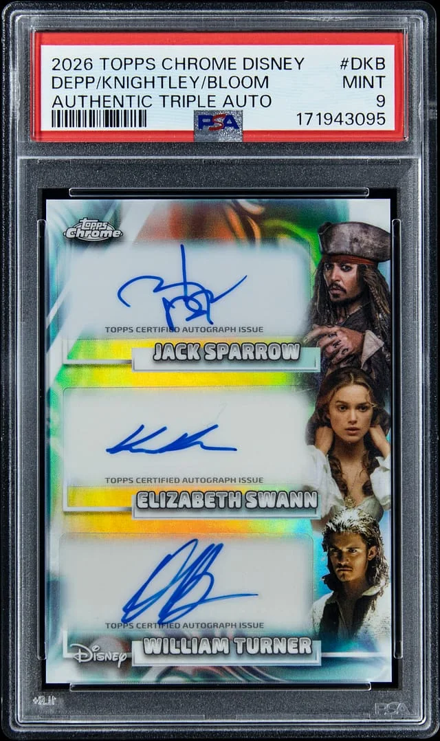 2026 Topps Chrome Johnny Depp/Keira Knightley/Orlando Bloom Multi-Signed Disney Authentic Triple Autographs #TR-DKB card image