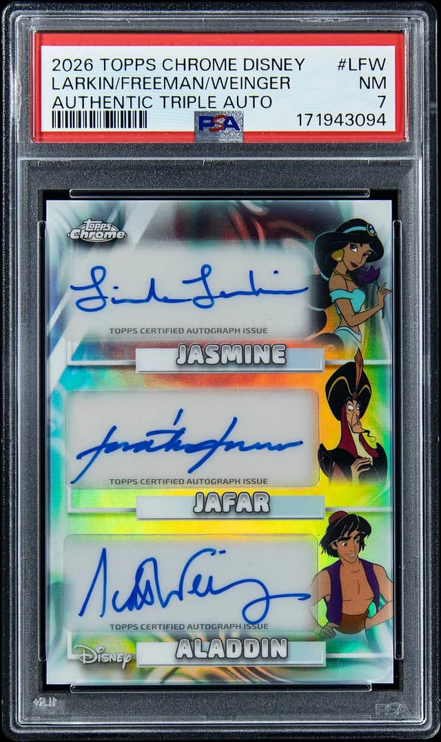 2026 Topps Chrome Linda Larkin/Jonathan Freeman/Scott Weinger Multi-Signed Disney Authentic Triple Autographs #LFW card image