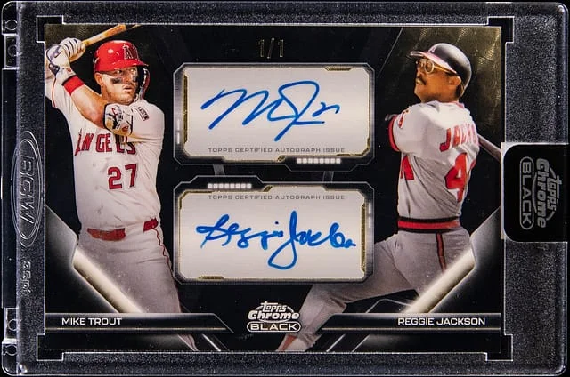 2026 Topps Chrome Mike Trout/Reggie Jackson Pitch Black Pairings Dual Autograph Superfractor #PDPA-TJ card image