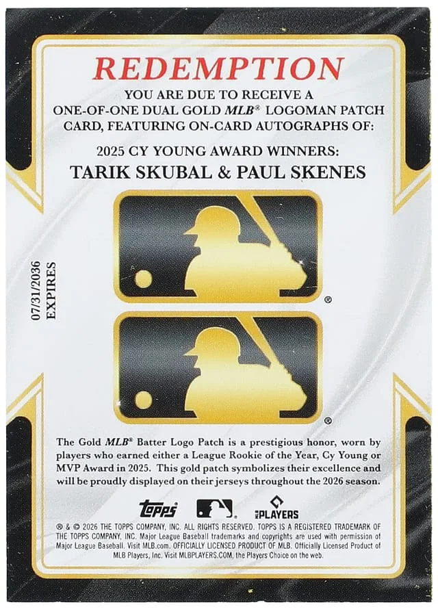 2026 Topps Chrome Tarik Skubal/Paul Skenes Gold MLB Logoman Dual Patches Autographs #GLDA-SS card image