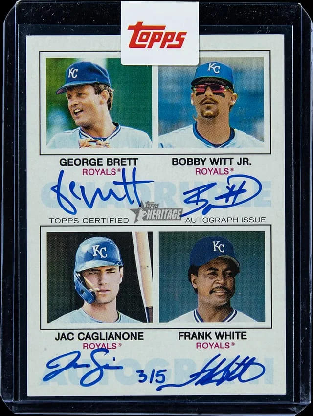 2026 Topps Heritage George Brett, Bobby Witt Jr., Jac Caglianone, Frank White Multi-Signed Card - Topps Encased Quad Autograph #RAQA-BWCW card image