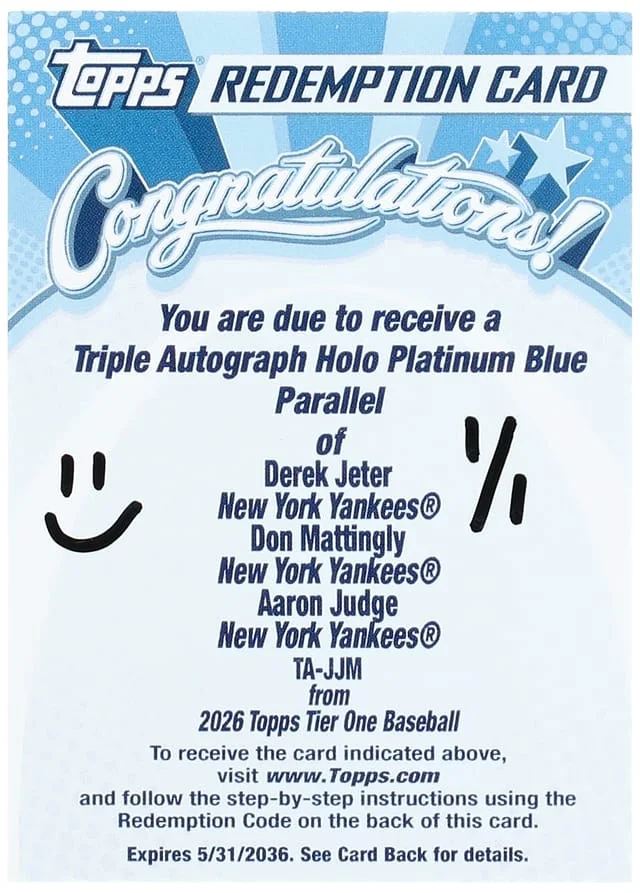 2026 Topps Jeter/Mattingly/Judge Multi-Signed Card - Unused Redemption Tier One Triple Autograph Holo Platinum Blue #TA-JJM card image
