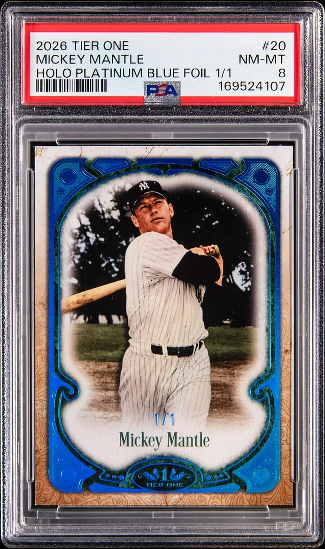 2026 Topps Mickey Mantle Tier One Holo Platinum Blue Foil #20 card image