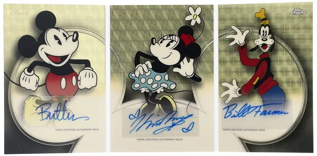 2026 Topps Mickey Mouse (Bret Iwan)/Minnie Mouse (Kaitlyn Robrock)/Goofy (Bill Farmer) Multi-Signed Disney Neon Triple Booklet SuperFractor Autograph #TBS-IRF card image