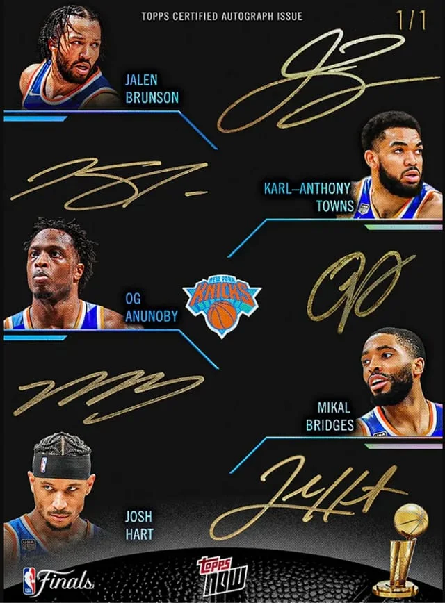 2026 Topps Now Jalen Brunson/Josh Hart/OG Anunoby/Mikal Bridges/Karl-Anthony Towns Multi-Signed Card Unused Redemption 2026 NBA Champions Set New York Knicks Starting Five Quintuple Autograph FoilFractor #NYK-S5A card image