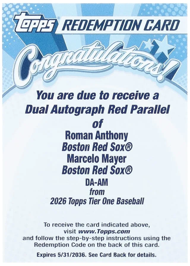 2026 Topps Roman Anthony/Marcelo Mayer Tier One Dual Autographs Red #DA-AM card image