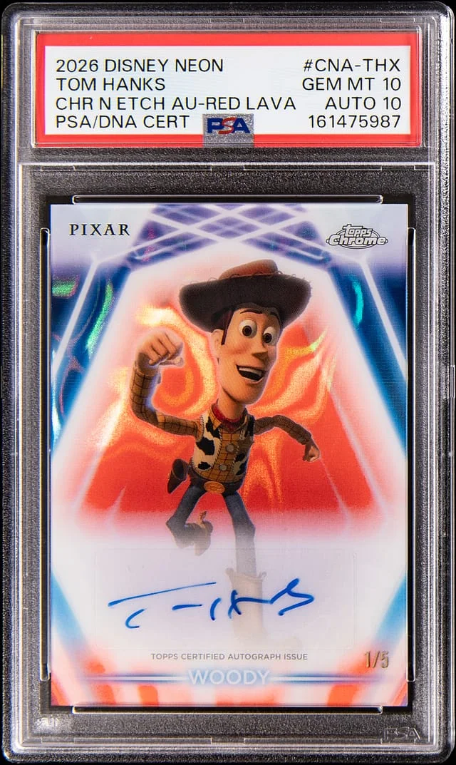 2026 Topps Tom Hanks as Woody Disney Chrome Neon Etch Autographs Red Lava #CNA-THX card image