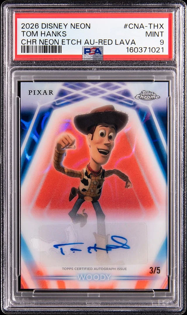 2026 Topps Tom Hanks (Woody) Disney Neon Chrome Neon Etch Autograph Red Lava #CNA-THX card image
