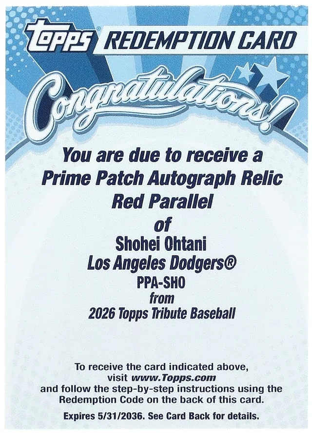 2026 Topps Tribute Shohei Ohtani - Unused Redemption Prime Patch Autograph Relic Red Parallel #PPA-SHO card image