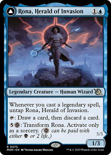 2023 March of the Machine Rona, Herald of Invasion // Rona, Tolarian Obliterator #75 rare card image