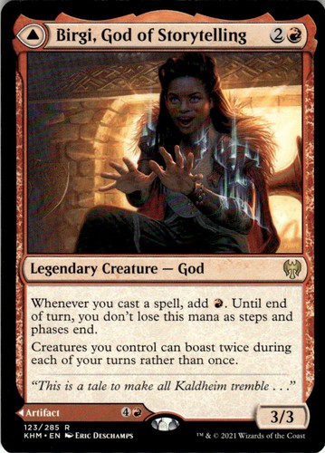 2021 Kaldheim Birgi, God of Storytelling // Harnfel, Horn of Bounty #123 rare card image